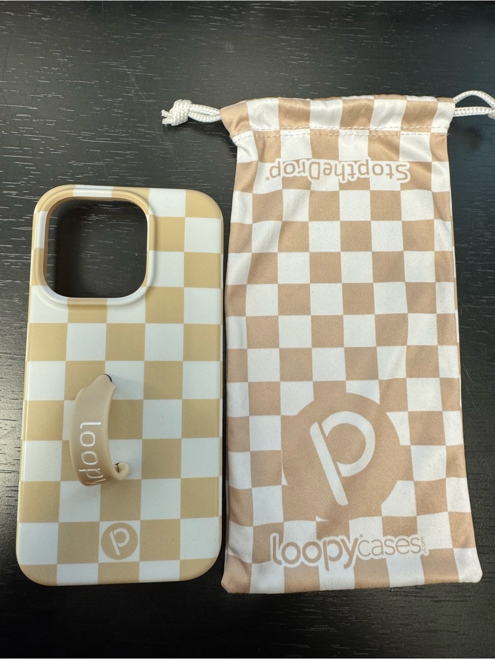 Loopy Case Beige & White Checkered iPhone 15pro Case with Loop Grip and Pouch